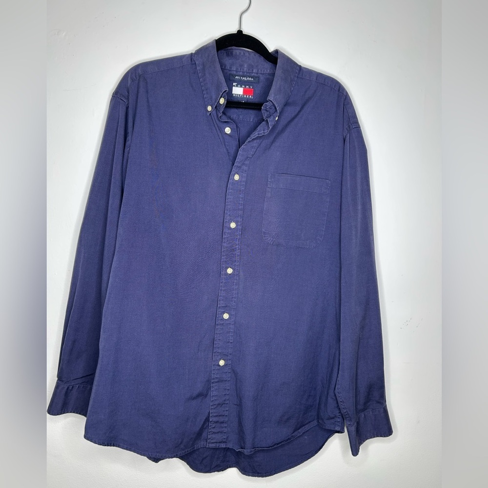 Tommy Hilfiger Cotton Shirt Large Blue Long Sleeve Button Up 80s 2 Ply Adult - Picture 1 of 9